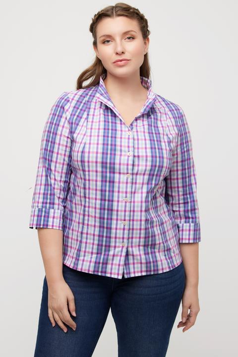 Immagine prodotto Ulla Popken Blusa aderente a quadri con collo montante, scollo a V e maniche a 3/4 (46, 48)
