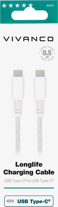 Immagine prodotto Vivanco Cavo USB-C Longlife, nylon, spina USB-C <> spina USB-C, max. 60W, bianco, 0,50m (0.50 m, USB 3.0)