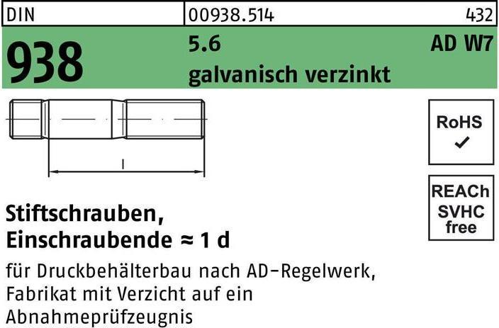 Actual product image Stud bolt DIN 938 M 10 x 50 5.6 galvanised (100 Screws per piece)