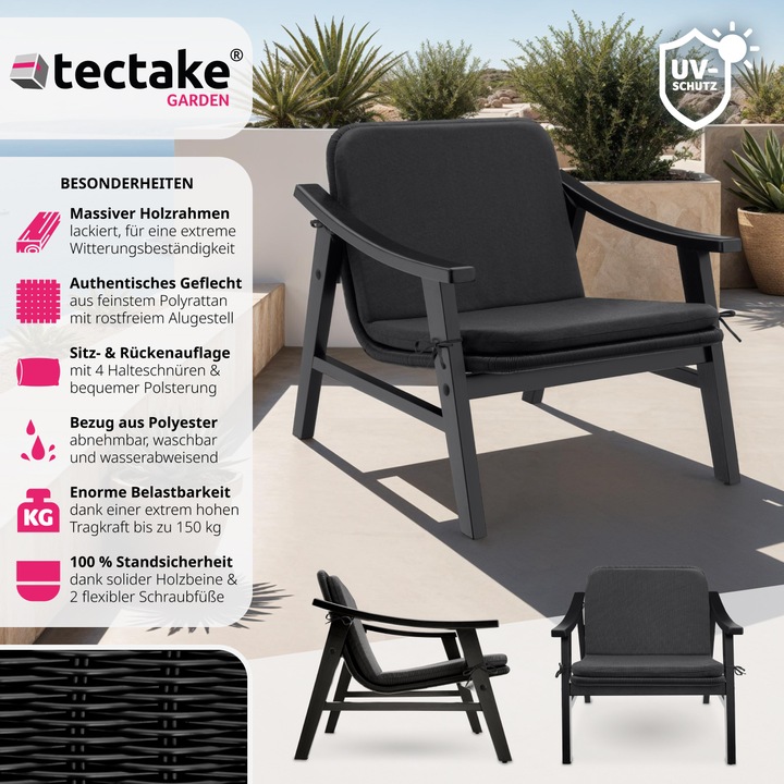 Immagine prodotto tectake Sedia in rattan Treviso, struttura in legno e cuscino