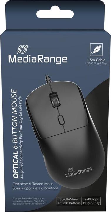 Produktbild MediaRange Maus 6 Tasten kabelge. USB-C 800-2400 dpi sw (Kabelgebunden)
