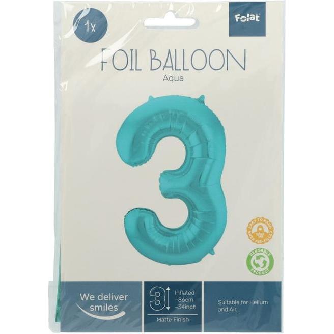 Thumbnail - Folat Folienballon Nummer 3 Pastell Aqua Metallic Matt -