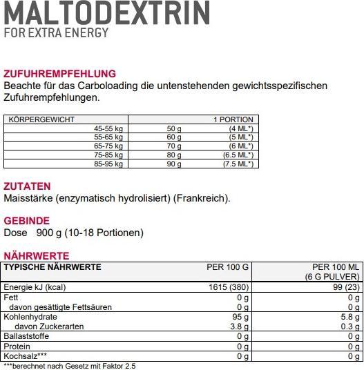 Valeurs nutritives et ingrédients Sponser maltodextrine 100 (Neutre, 1 x, 900 g)