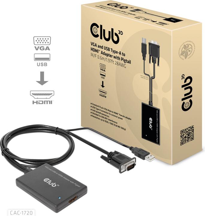 Produktbild Club 3D Club3D Adapter VGA + USB-A > HDMI St/Bu (HDMI, USB, VGA, 60 cm)