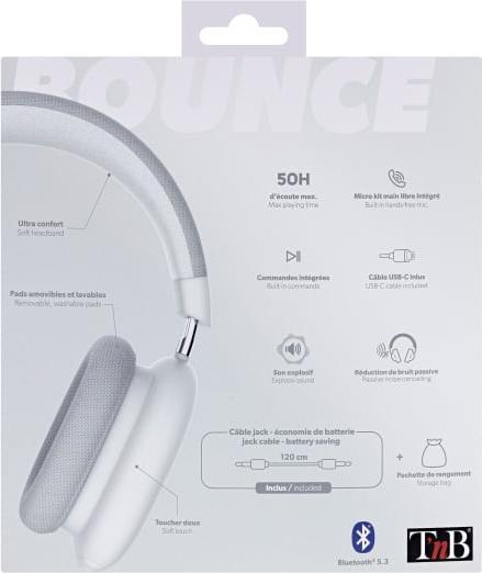 Produktbild T'nB Casque Micro Bluetooth Bounce (Blanc) (NC, 50 h, Kabelgebunden)