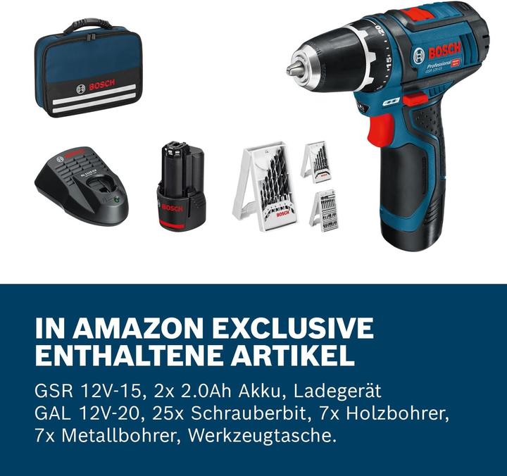 Produktbild Bosch Professional GSR 12V-15, mit 1 x 2.0 Ah, 1 x 4.0 Ah, Zubehör-Set in Tasche