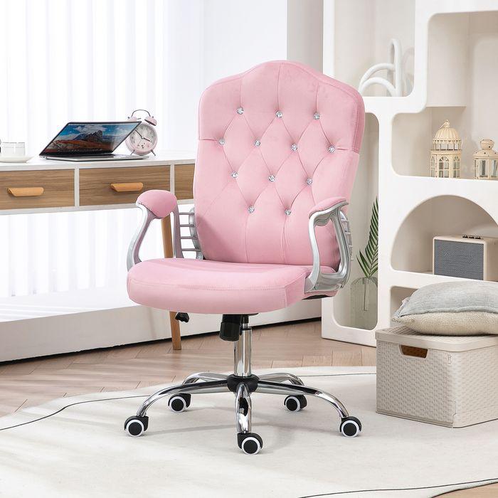 Produktbild Swisshandel24 Bürostuhl mit Wippfunktion, ergonomisch, mit Kristallknöpfen, Samtoptik, bis 120kg, Rosa (47 - 57 cm)