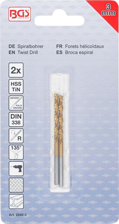 Produktbild BGS Spiralbohrer | HSS-G | titan-nitriert | 3,0 mm | 2-tlg. (3,0 mm)