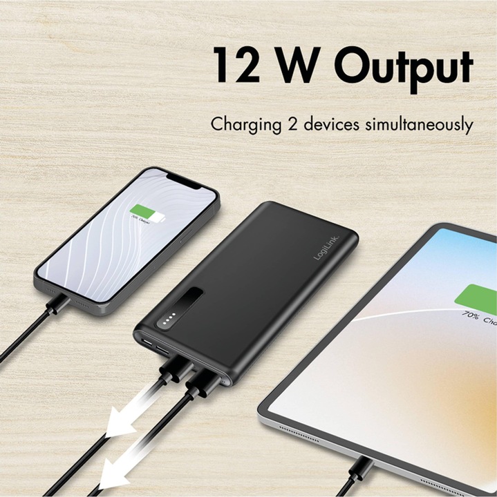 Produktbild LogiLink Powerbank PA0311 schwarz, 8000 mAh, 2x USB-A, 2-in-1-Kabel (8000 mAh, 12 W)