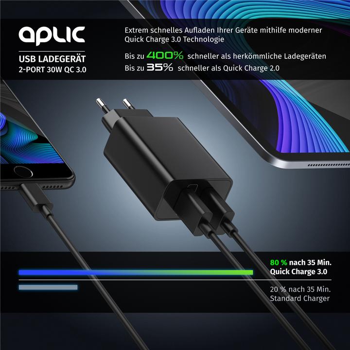 Actual product image Aplic USB charger 3000 mA, 2 port, 30W, Quick Charge 3.0 (QC 3.0) fast charging function, black (30 W)