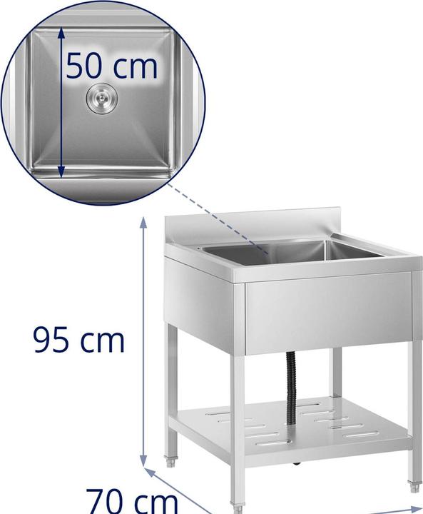 Produktbild Royal Catering Spültisch Spülbecken Edelstahlspüle Gastrospüle mit Regal Edelstahl 50x50x25,5cm (Einbauspüle, 70 cm)