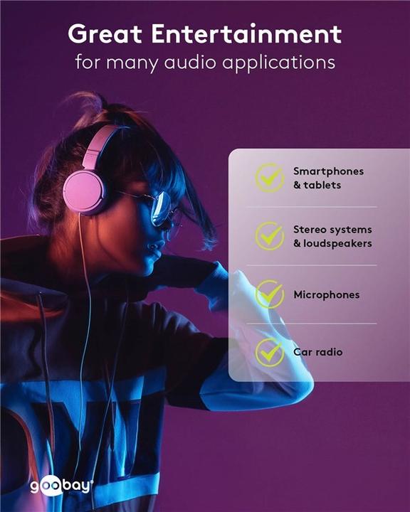 Actual product image Goobay Headphone and audio extension cable AUX, 4-pin 3.5 mm slim, CU (0.50 m, 3.5mm jack (AUX))