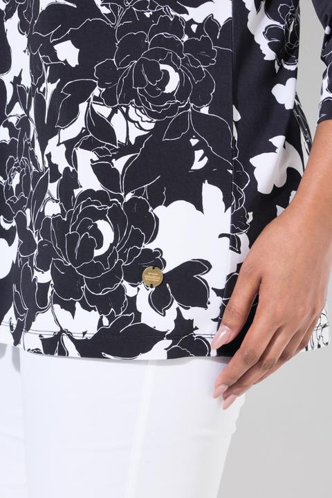 Immagine prodotto Ulla Popken Maglia dal taglio svasato in tessuto fluente a fiori con scollo montante e maniche a 3/4 (50, 52)