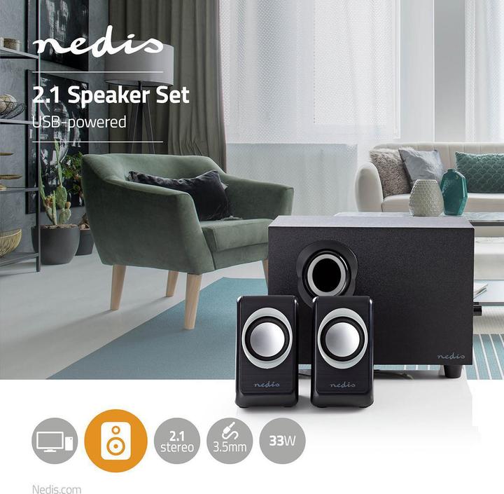 Immagine prodotto Nedis Altoparlante per PC - Alimentazione tramite USB - Subwoofer - Ingresso connessioni: 1x 3,5 mm - 2.1 (33 W)