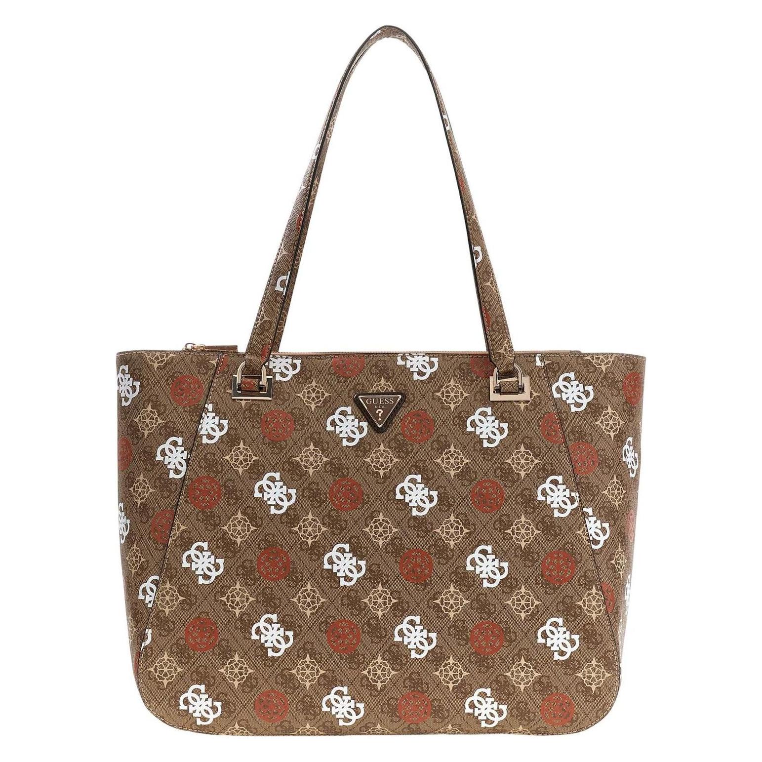 Guess, Damen, Handtasche, Eliette Logo Travel Tote, Rot, Weiss, Braun, Beige