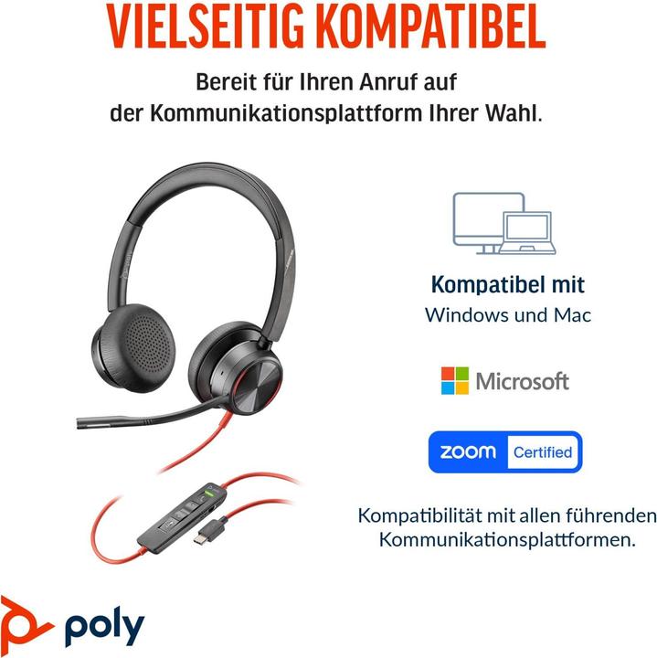 Actual product image Poly HP Blackwire 8225 USB-C Headset, Avec fil, Bureau/Centre d'appels, 185 g, Casque, Noir (Cable, USB-C, Zoom)