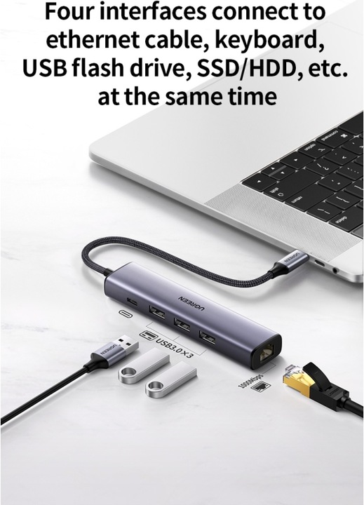 Actual product image Ugreen Gigabit Ethernet Adapter Hub mit USB PD (USB-C, 4 Ports)