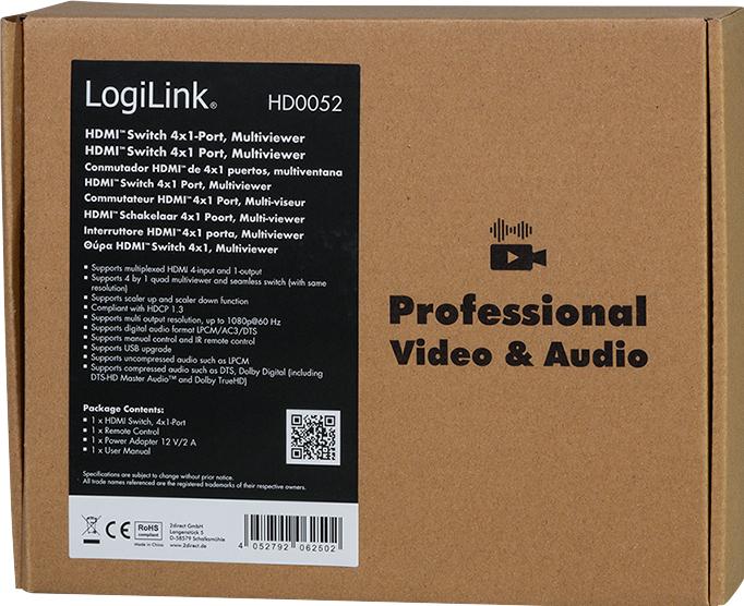 Actual product image LogiLink HDMI Switch 4x1-Port, Multiviewer, 1080p/60 Hz, Scaler, Seamless, RC