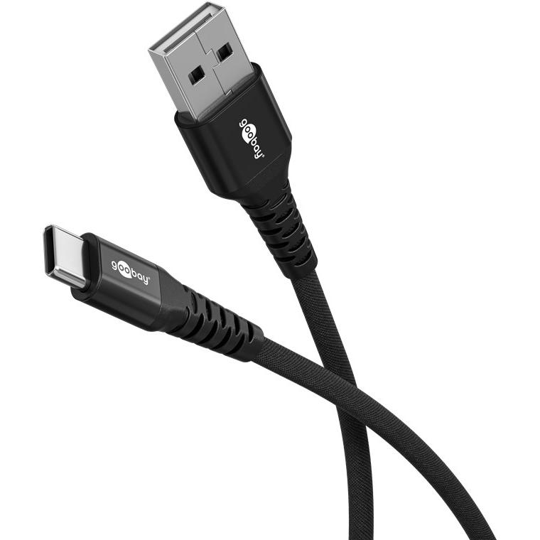 Goobay USB-C Supersoftes Textilkabel mit Metallsteckern, 2 m, schwarz (2 m, USB 2.0), USB Kabel