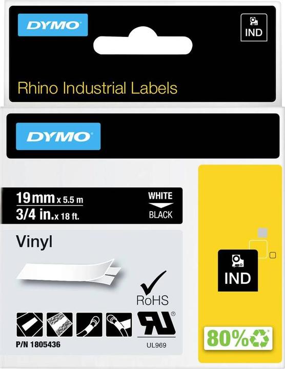 Produktbild Dymo Rhino 19mm weiß auf schwarz Vinyl (1.90 cm, Schwarz)