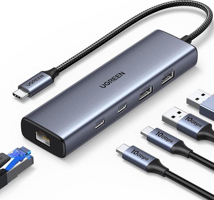Produktbild Ugreen USB-C Hub CM512, 1 x USB-A 3.2 - 1 x USB-A - 3 x USB-C - 1 x RJ45, Grey (USB-C)