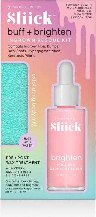 Actual product image Salon Perfect Sliick Set Buff + Brighten Ingrown Rescue Kit Exfoliating Body Mitt Body Scrub Glove + Pre Post Wax (Body care set)