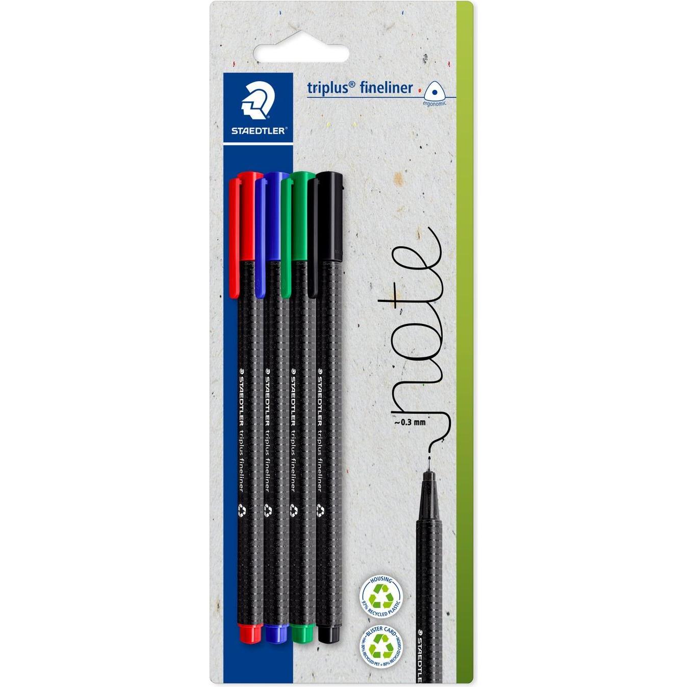 Staedtler Feinschreiber triplus fineliner, 0.3, 4 ST 334 auf Blisterkarte (Blau, Grün, Rot, Schwarz, 4x) (334-S BK4)