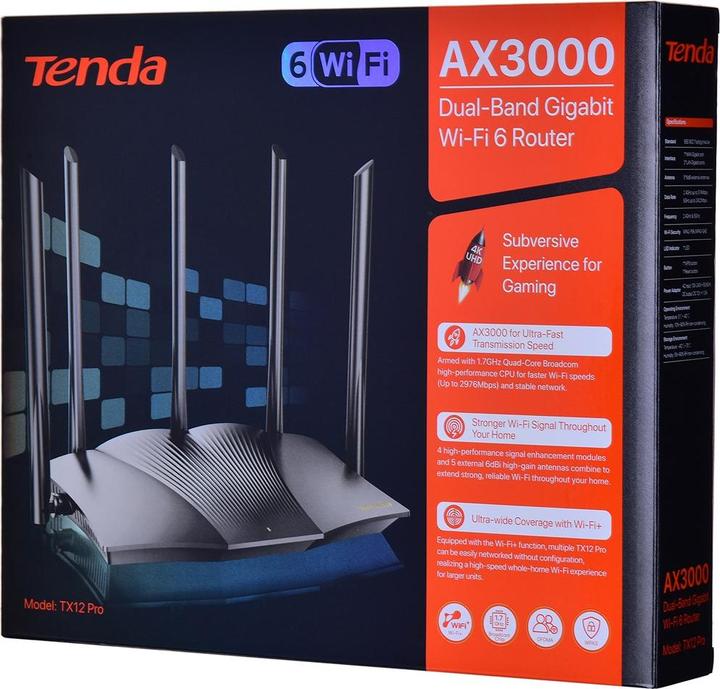 Produktbild Tenda TX12 PRO wireless router Fast Ethernet Dual-band ( / ) Black