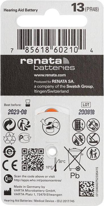 Produktbild Renata Hörgeräte-Batterien ZA13.DP6 0%HG (6 Stk., ZA13 GP, 305 mAh)