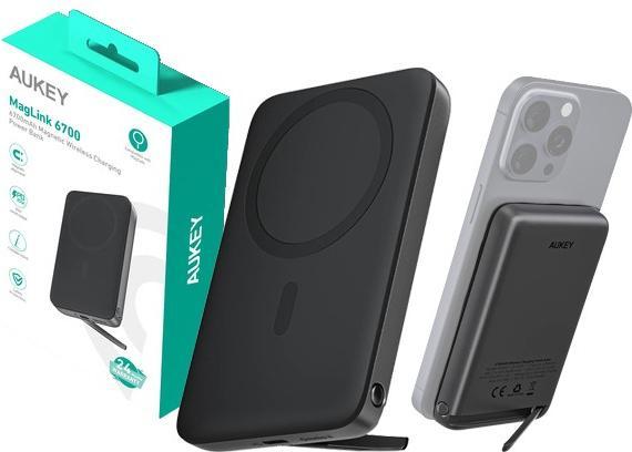 Actual product image Aukey Magnetic powerbank PB-MS01, 6700mAh, 15W (black) (6700 mAh, 15 W, 25.46 Wh)