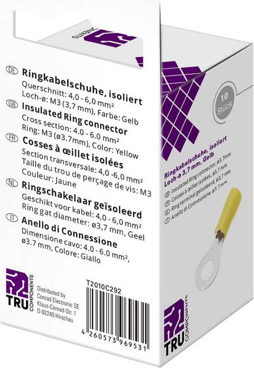 Actual product image Tru Components T2010C292 Ring cable lug Cross-section (max.)=6.0 mm² Hole-Ø=3.7 mm Partially insulated Yellow 10