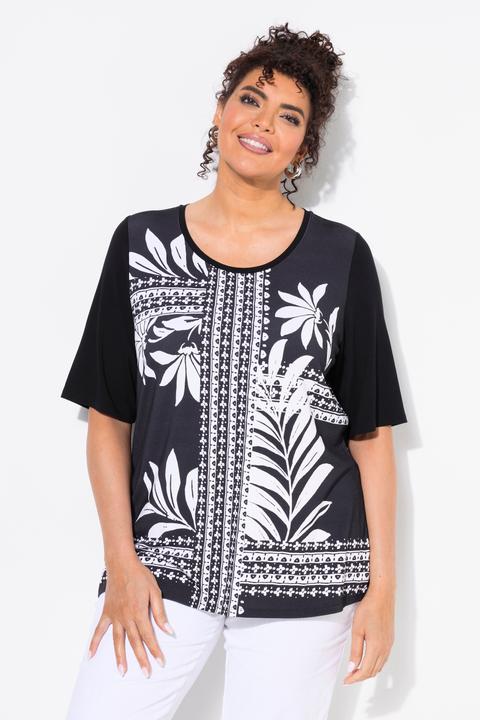 Actual product image Ulla Popken Satin Front Floral Patch Print Short Sleeve Tee (54)