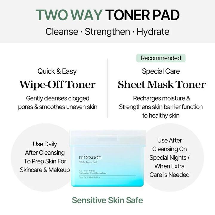 Immagine prodotto Mixsoon Bifida Toner Pad with Moisture Barrier and Bifida Ferment Lysate (Tonico per il viso, 280 ml)