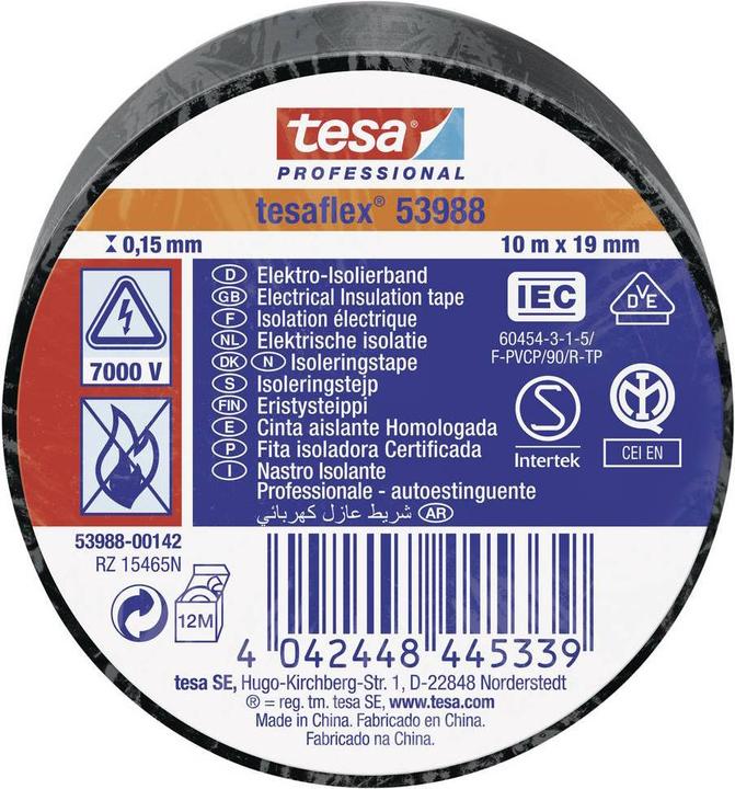 Produktbild tesa flex 53988 - PVC-Isolierband zum Isolieren und Kennzeichnen von Kabeln, 10m x 19mm (19 mm)