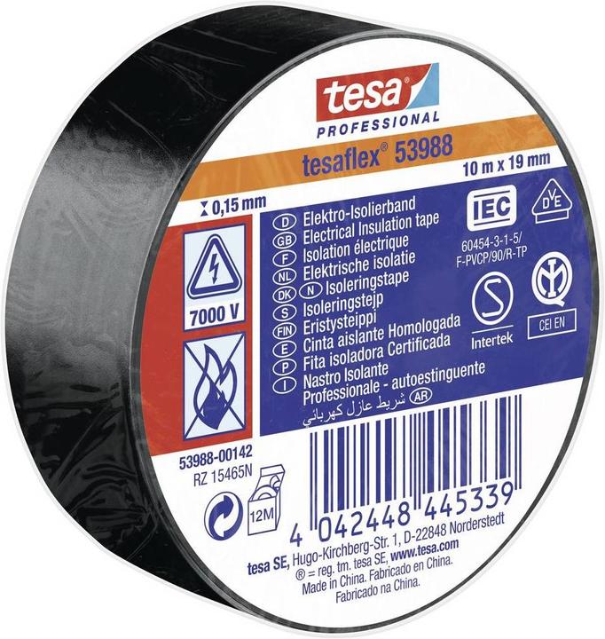 Produktbild tesa flex 53988 - PVC-Isolierband zum Isolieren und Kennzeichnen von Kabeln, 10m x 19mm (19 mm)