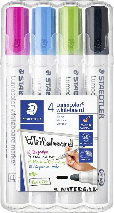 Produktbild Staedtler Lumocolor whiteboard marker 351 Rundspitze Box mit 4 Stück, Sortierung 2 (Hellblau, Schwarz, Hellgrün, Pink, 2 mm, 4 x)