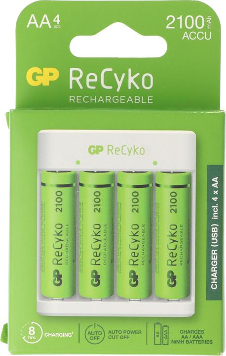 Produktbild GP Batteries USB-Modell Ladegerät GP E411 inkl. 4x ReCyko 1,2V AA Mignon 2100 mAh Akkus (4 Stk., AA, Ladegerät inkl. Akku)
