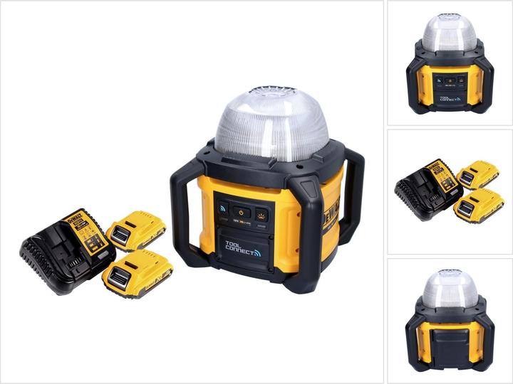 1x DeWalt DCL 074 cordless construction site spotlight, 2x Dewalt DCB 183 18 V 2.0 Ah battery, 1x DeWalt DCB charger
