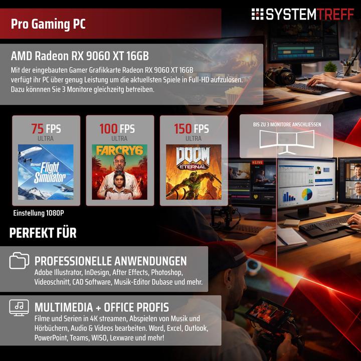 Produktbild SYSTEMTREFF Gaming PC G245058 (1000 GB, 32 GB, AMD Ryzen 7 7700, Radeon RX 9060 XT)