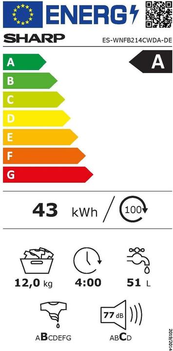 Label énergétique Sharp ES-WNFB214CWDA-DE Waschmaschine 12kg, A Klasse, 920025 (12 kg, Gauche)