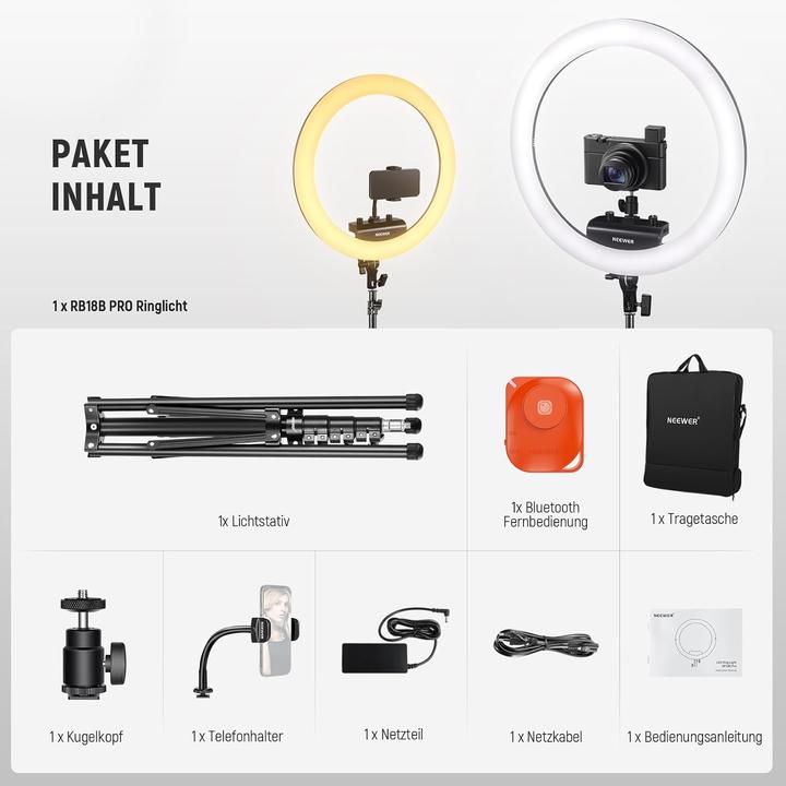Actual product image Neewer Ringlicht RP18B Pro mit Stativ und Handyhalterung (Ring light)
