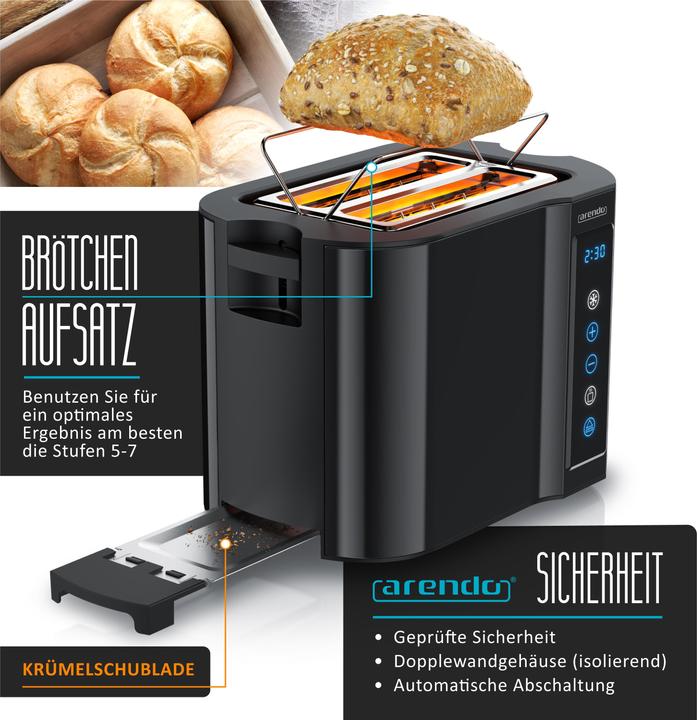 Produktbild Arendo Toaster Edelstahl 2 Scheiben Kurzschlitz, Brötchenaufsatz, Display mit Restzeitanzeige, Touchpanel