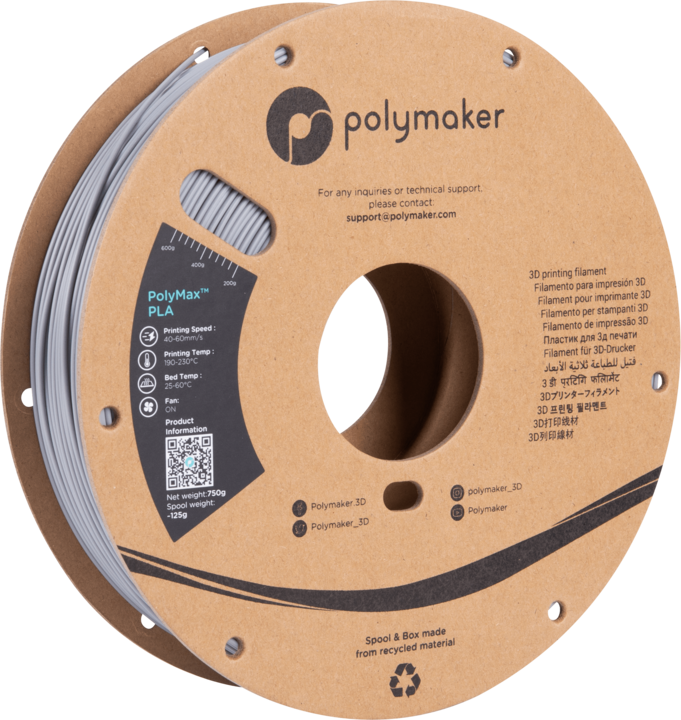 Actual product image Polymaker PA06003 PolyMAX Tough Filament high stiffness, high tensile strength (PLA, 1.75 mm, 750 g, Grey)