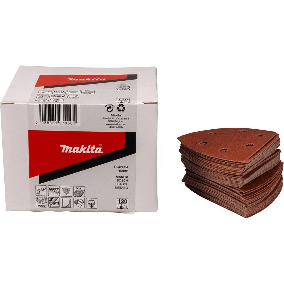 Makita, Abrasivi, Carta vetrata, velcro, 94 x 94 (6 fori), grana 120, 50 pezzi. (120)