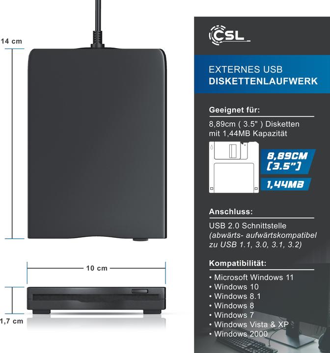 Produktbild CSL Externes Diskettenlaufwerk, Slimline USB Floppy Disk Drive Extern, FDD 1,44MB 3,5 Zoll, für PC & MAC (Floppy Disk Laufwerk)