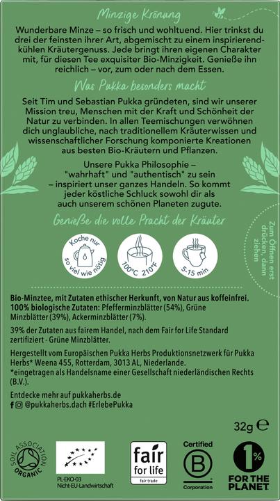 Valeurs nutritives et ingrédients Pukka Thé aux trois menthe (32 g)