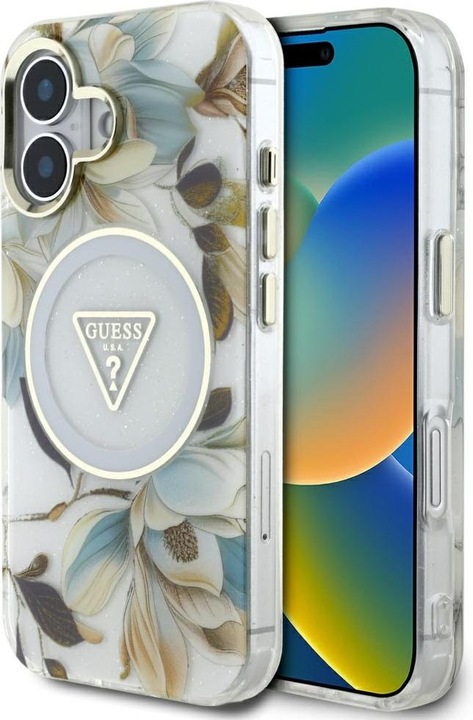 Produktbild Guess Glitter Flowers Triangle Buttons MagSafe case for iPhone 16 white (Apple iPhone 16)