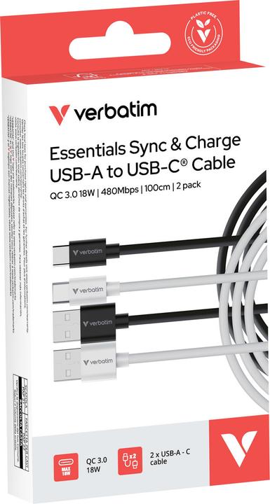Produktbild Verbatim Kable Sync & Charge USC-C do A essentials 18W czarny / biały 2szt. 32393 (1 m, USB 2.0, 18 W)