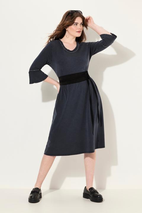 Produktbild Ulla Popken Jerseykleid, Rollkanten, A-Linie, V-Ausschnitt, 3/4-Arm (50, 52)