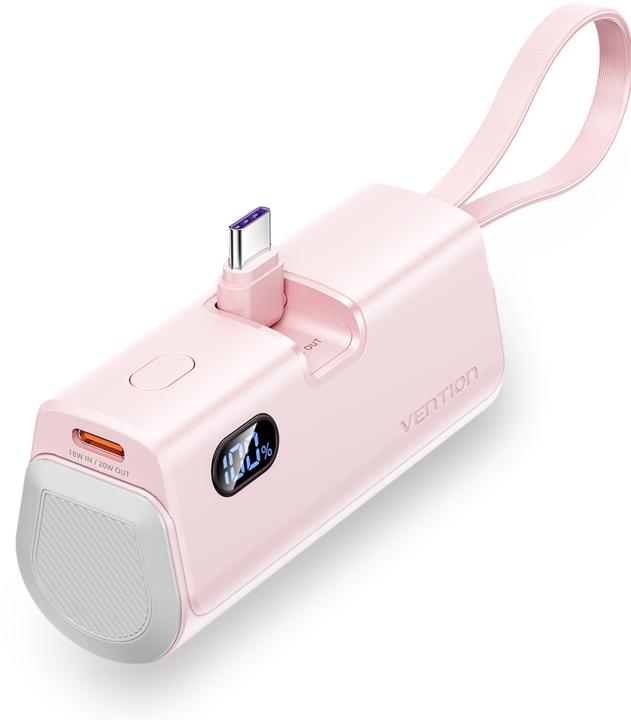 Actual product image Vention LED Display 4800mAh Power Bank (USB-C + Lightning + USB-C) 22.5W Pink Foldable USB-C Type (4800 mAh, 22.50 W, 22.50 Wh)
